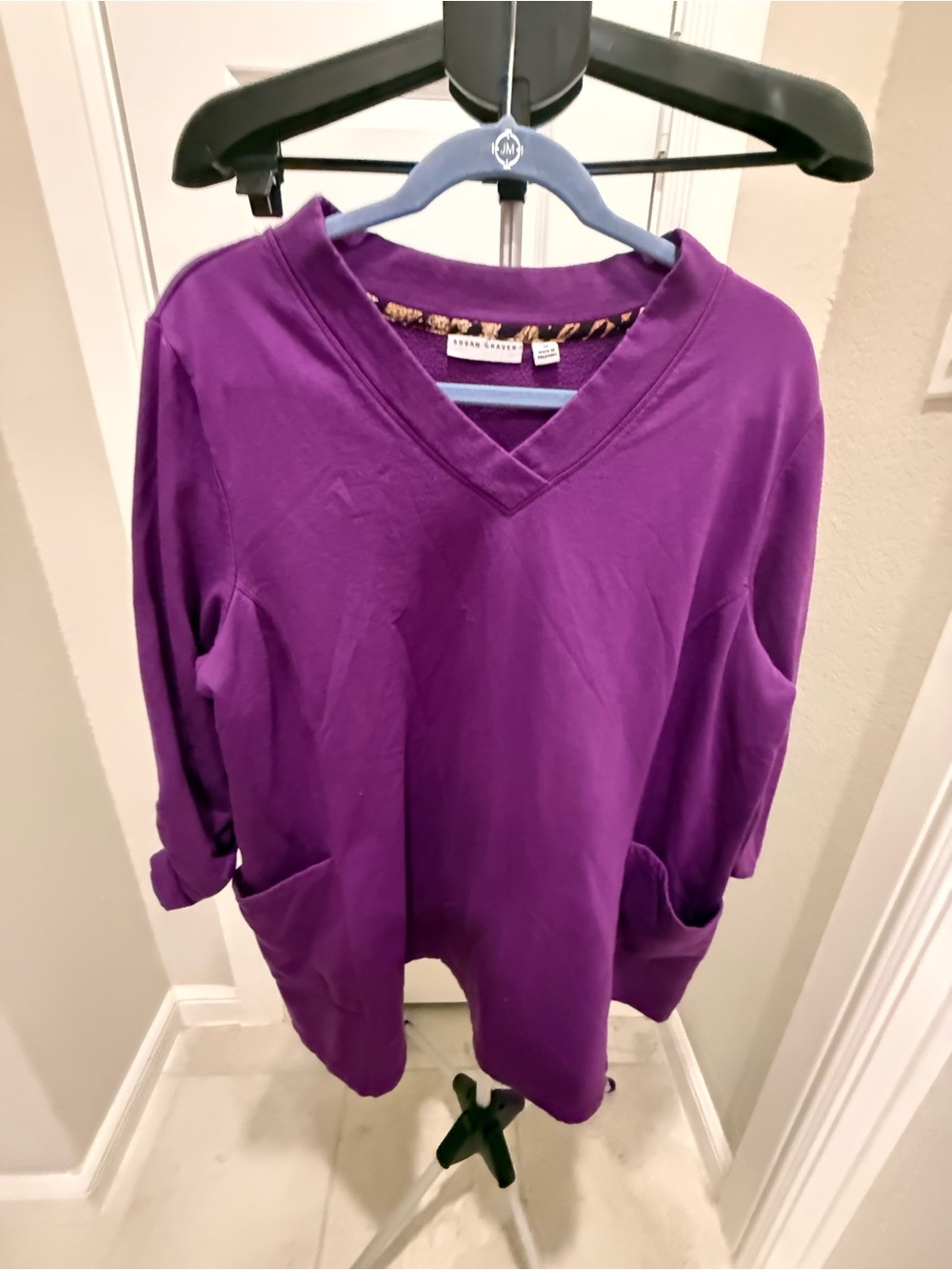 Purple V-Neck Tunic with Front Pockets
